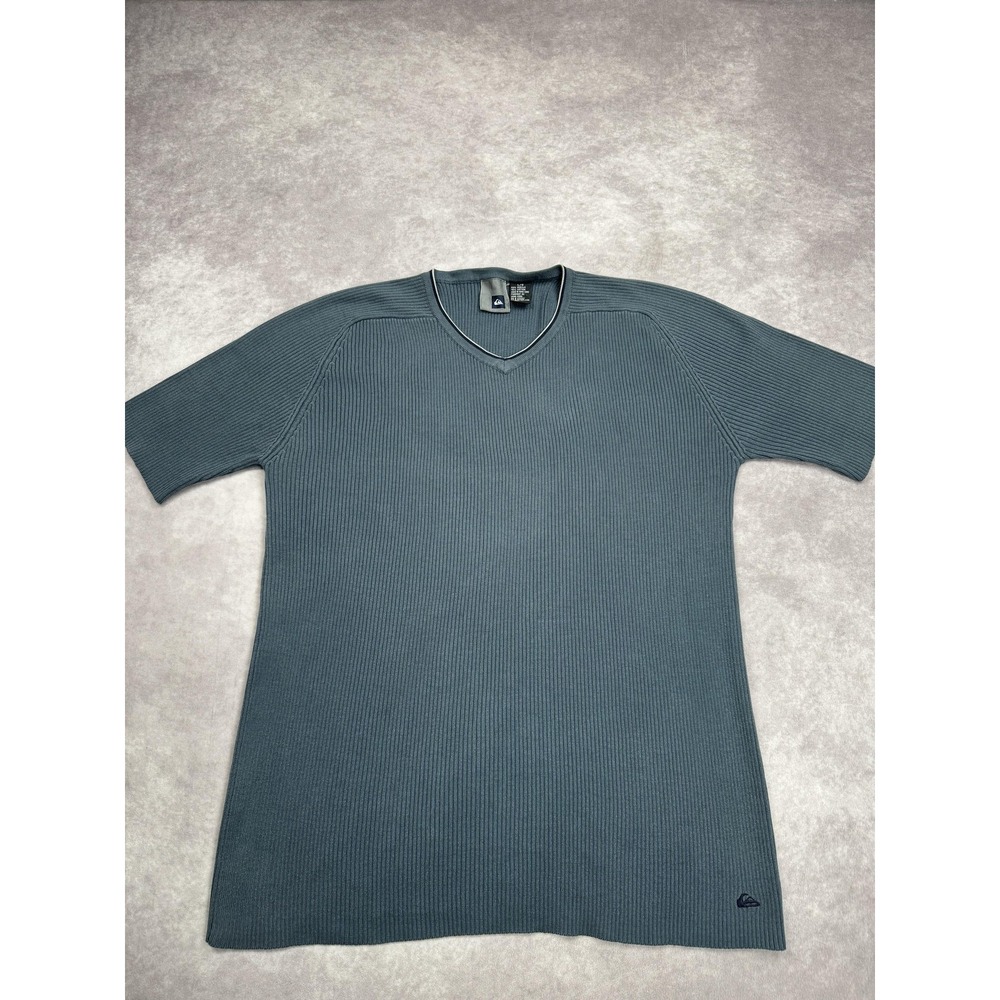 VTG Quiksilver Shirt‎ Mens Large Blue Ribbed Knit V Neck Hong Kong Surfer Y2K